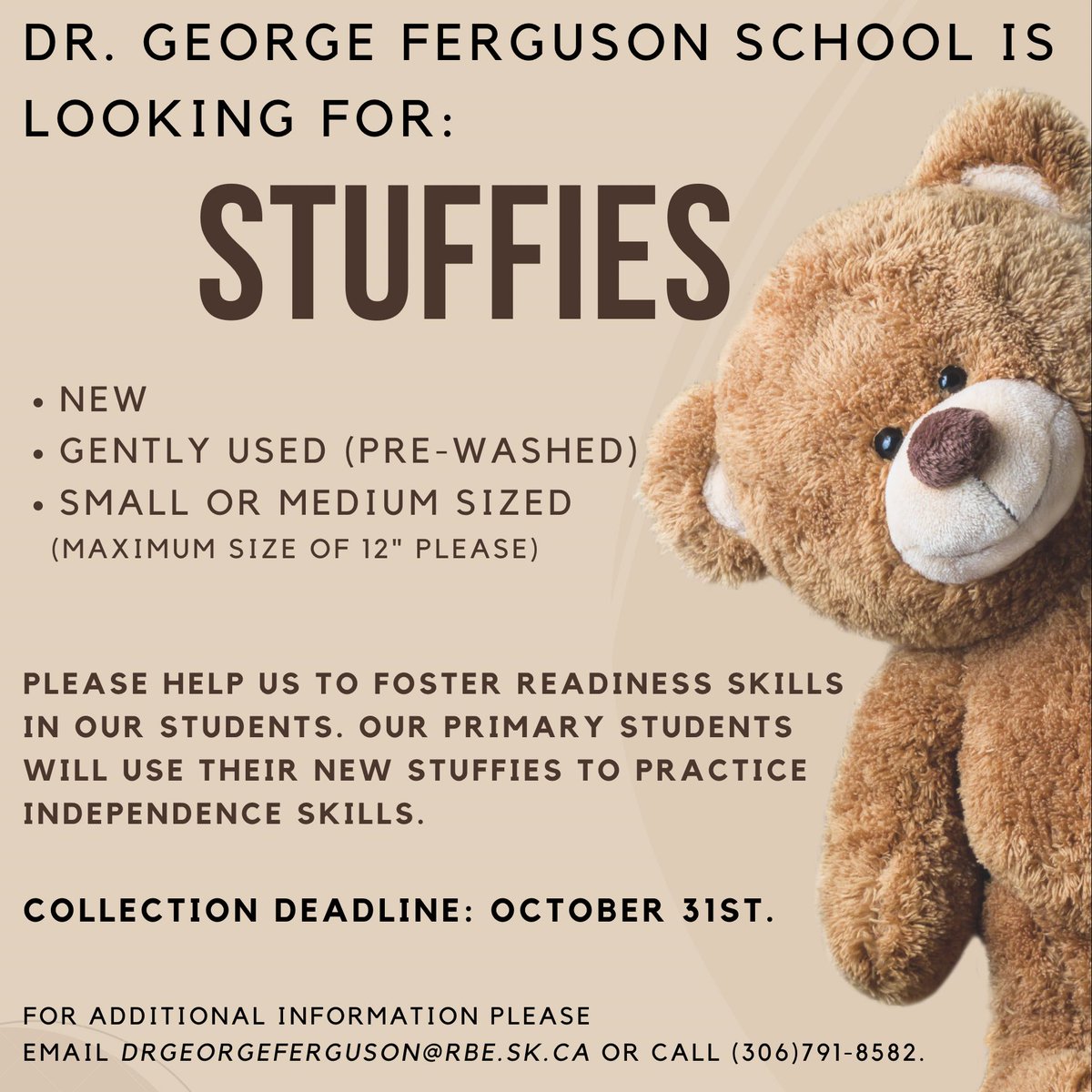 Role playing with stuffies is a great way for students to foster readiness skills. Please consider our school-based initiative.