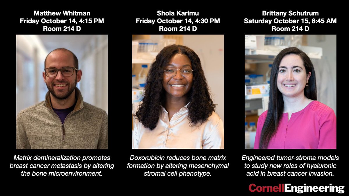 We are at #BMES2022 this week in San Antonio! Make sure to catch our talks from @Matt_AWhit @_Shoolaa @BritSchutrum. Thanks to @BMESociety and @CornellBME. Details are below 👇