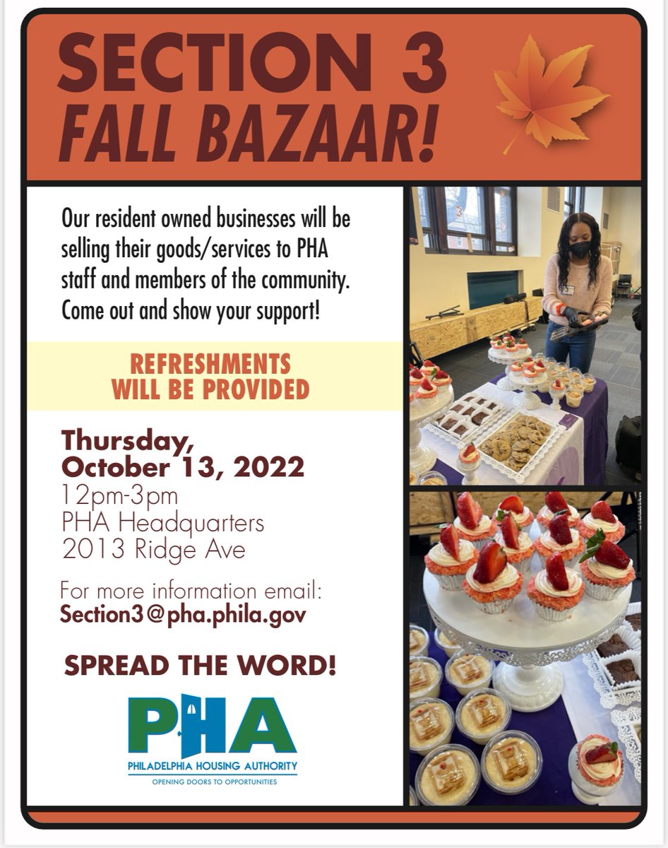PhilaHsgAuthPHA's tweet photo. Join us tomorrow in room 116 rain or shine and support our resident-owned businesses! #fallbazaar https://t.co/LKbKlzbivB