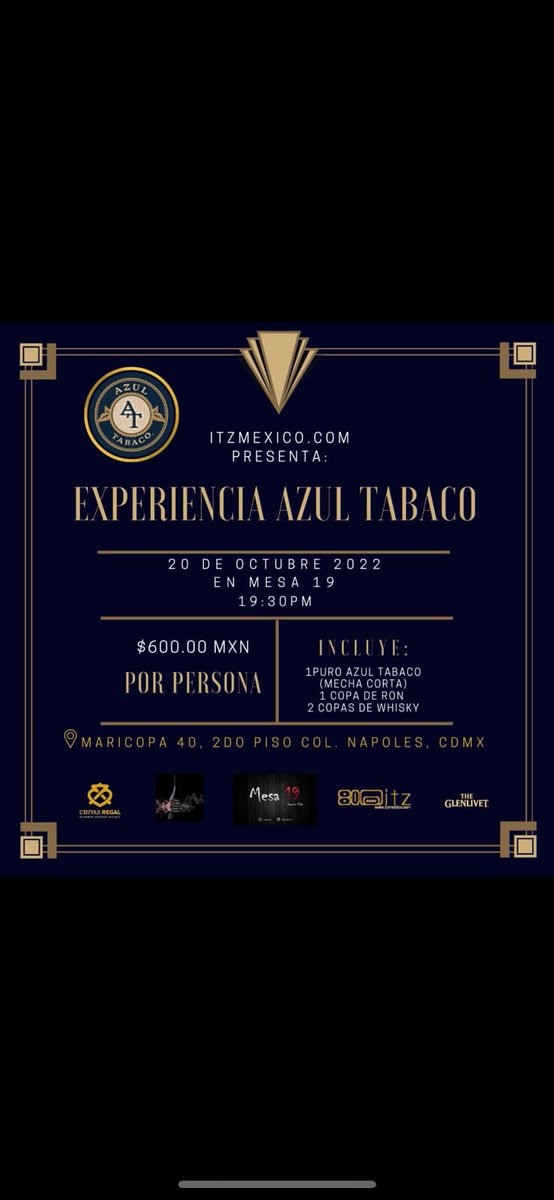 LaMesa19's tweet photo. ATENCIÓN AMANTES DE LOS PUROS

Ven a disfrutar con nosotros la Experiencia Azul Tabaco acompañado de una cata de ron y whisky

Fecha: 20 de Octubre
Hora: 19:30
Participación: $600 pp https://t.co/CucZb1TKQt