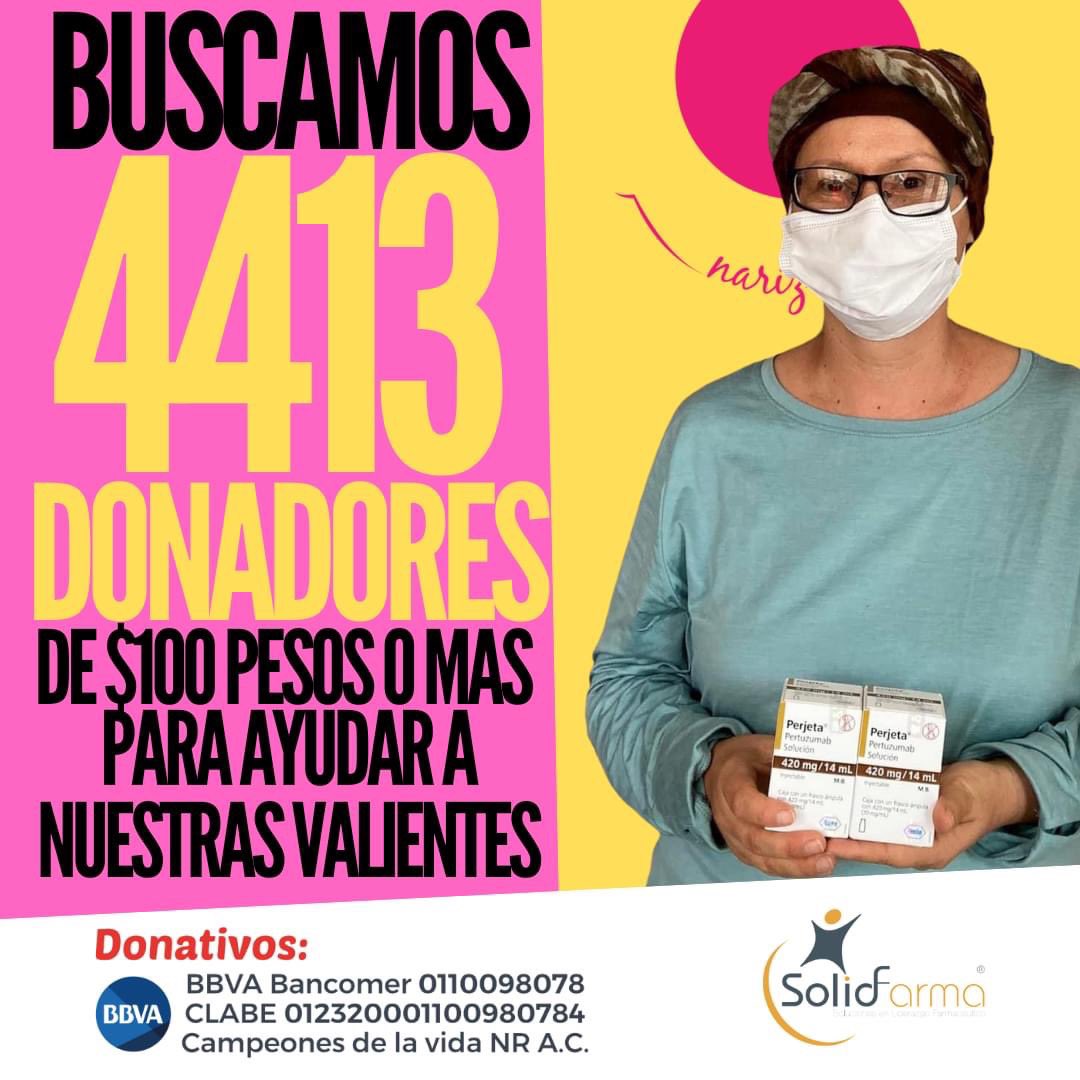 NARIZROJAAC's tweet photo. Nos faltan 4413 de 10,000 donadores de $100 pesos o más contra el cáncer de mama #Dona BBVA 
Cuenta: 0110098078
Clabe:  012320001100980784 
Campeones de la vida NR AC
#chingonas #CancerDeMama https://t.co/roDcWwVcw3