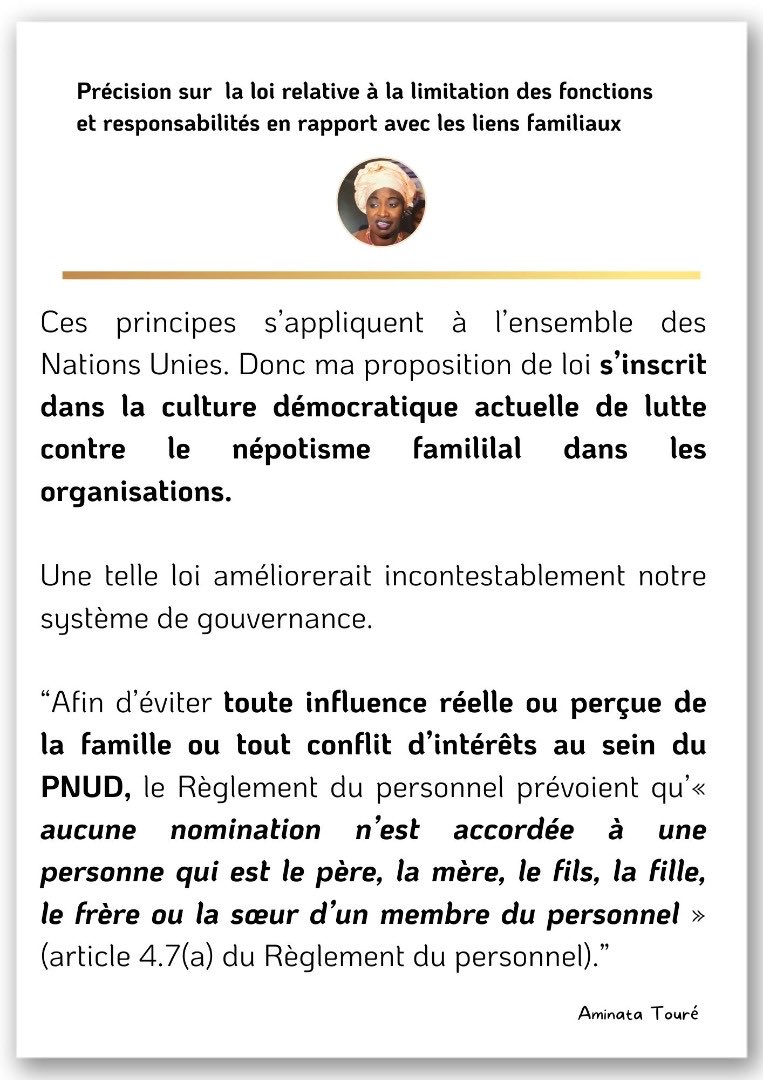 aminatatoureklk's tweet photo. Dans la prolongation de ma  proposition de loi relative à la limitation des fonctions et responsabilités en rapport avec les liens familiaux, je partage un extrait des standards de recrutement du #PNUD rendant incompatible certains liens familiaux. 👉👉https://t.co/WzozNFGJOS https://t.co/s3lUN1jbr7