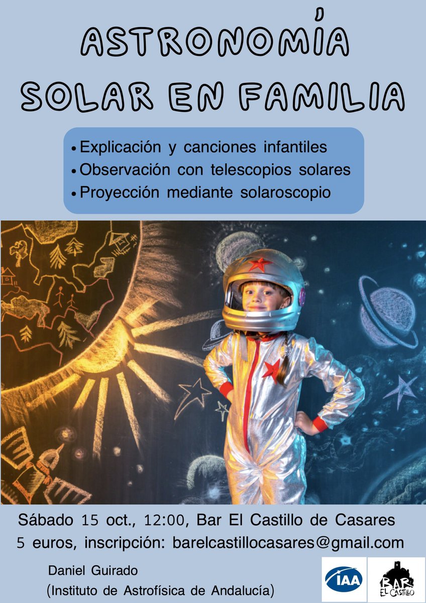 daniguirado_'s tweet photo. 🎊🔭¡ASTRONOMÍA SOLAR EN FAMILIA❗️☀️

📍Bar El Castillo, Casares (Málaga)
🗓Sábado 15
🕢12:00 del mediodía
🎟 barelcastillocasares@gmail.com

Los niños aprenden jugando y los padres aprenden bebiendo vermú. 🍹Charleta, canciones, gafas y telescopios solares y solaroscopio. 😎 https://t.co/PvHpBuRmBs