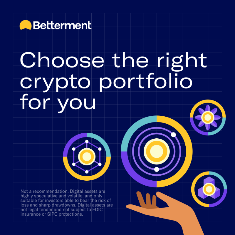 Betterment's tweet photo. Don’t get hung up picking coins. Each of our diversified portfolios lets you own multiple coins at once.