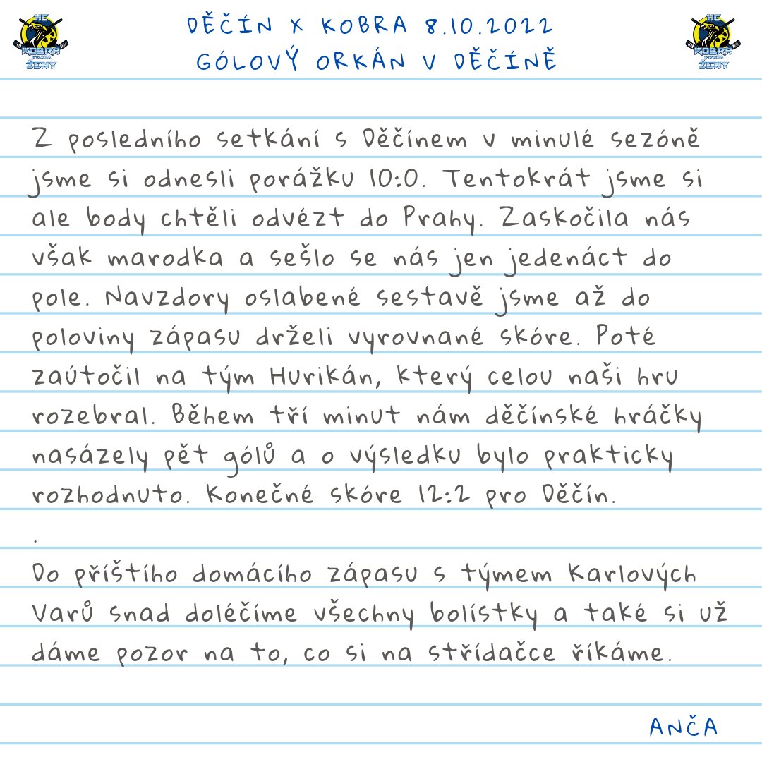 HCKobraZeny's tweet photo. ✍️ Sobotní utkání v Děčíně shrnula v článku Anna Zemánková.
#hckobrazeny #hckobrapraha #zenskyhokej #lednihokej #hokej #clanek https://t.co/oLcz3QyCdt