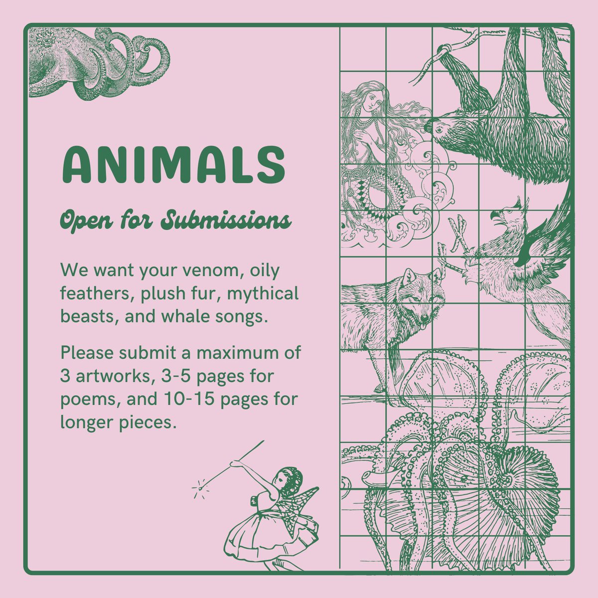 We’re open for submissions and want your ANIMALS 🦧🦜🦚🦨🐓🐖🪲🦇🐒🐊!!! Show us the bioluminescent creatures in your lagoon; describe the dreams where your lost pets come to visit you. 

Link in bio for more subs info! Send <a href="/christinamgia/">Tina 🍵</a> your best!! 🪸🕸🪺