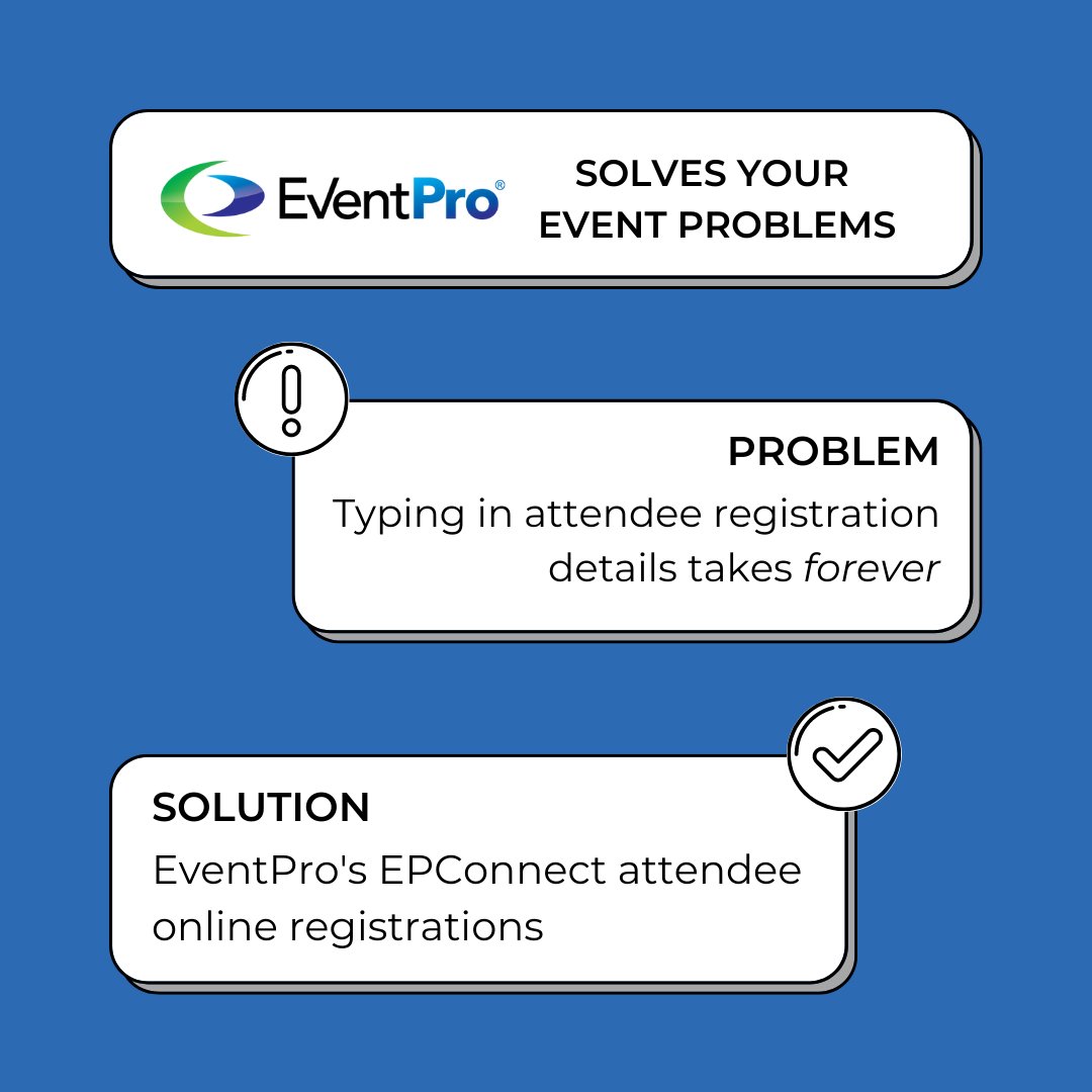 Problem: Typing in attendee details is a time-consuming process.
Solution: Use EventPro’s EPConnect Attendee Online registrations.
Learn more about EventPro at eventpro.net
#eventprosoftware #problemsolved #eventprofs #eventtech #epconnect #attendeeregistration