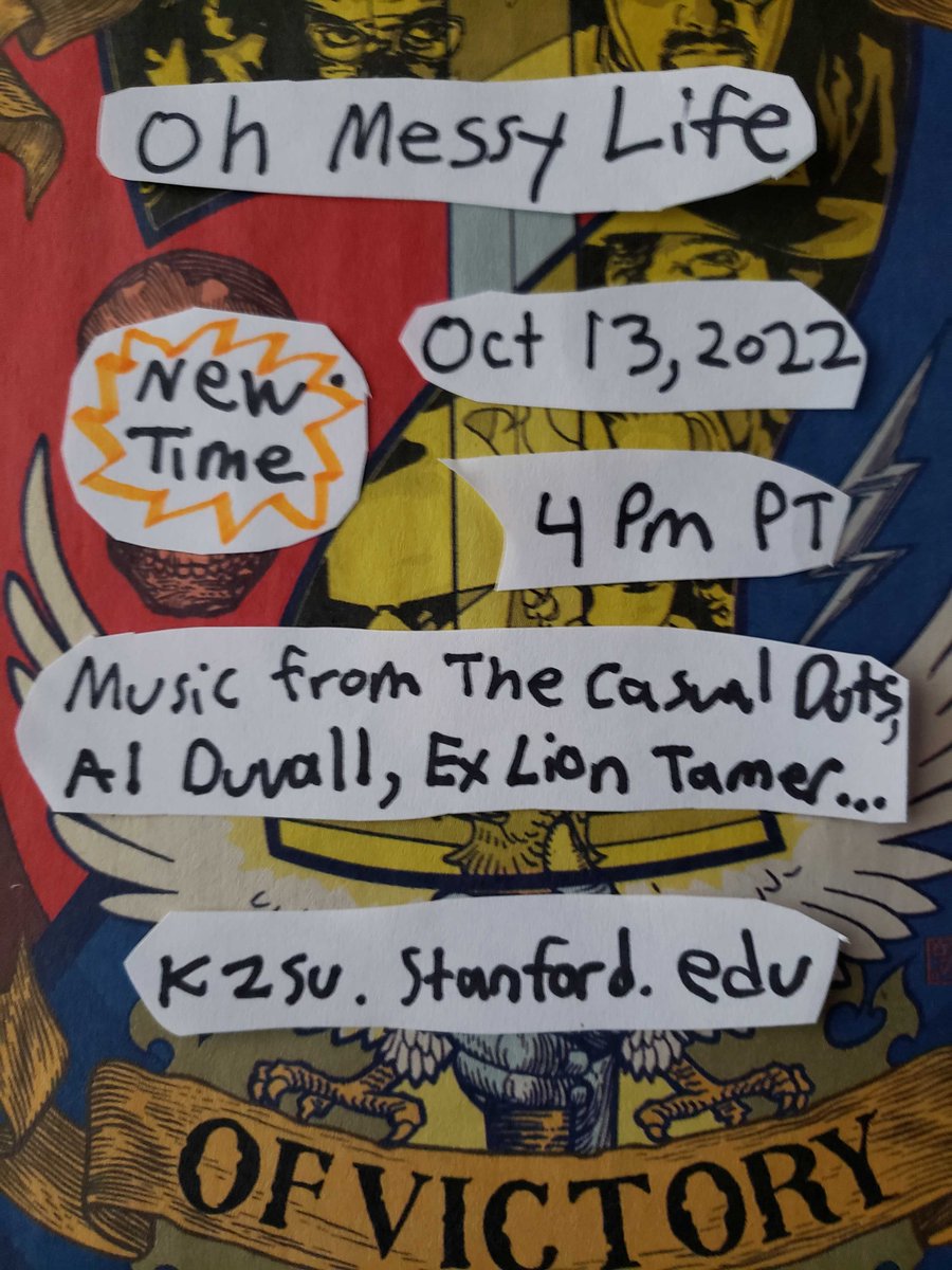 smurph415's tweet photo. Oh Messy Life
October 13, 2022
New Time: 4pm PT
Music from The Casual Dots, 
Al Duvall, Ex Lion Tamer...
https://t.co/avJCVwzEi7 https://t.co/JVNsFIXe4V