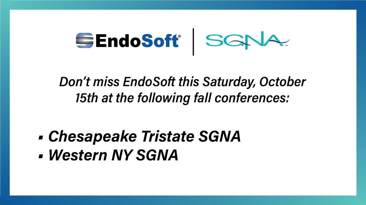 EndosoftWorld's tweet photo. Meet Laurie at Western NY SGNA and Michael at Chesapeake SGNA this Saturday, October 15th to learn more about the latest in GI software. 

#ENR #Gastro #Colonoscopy #AI #GI https://t.co/zERAHqUUF1