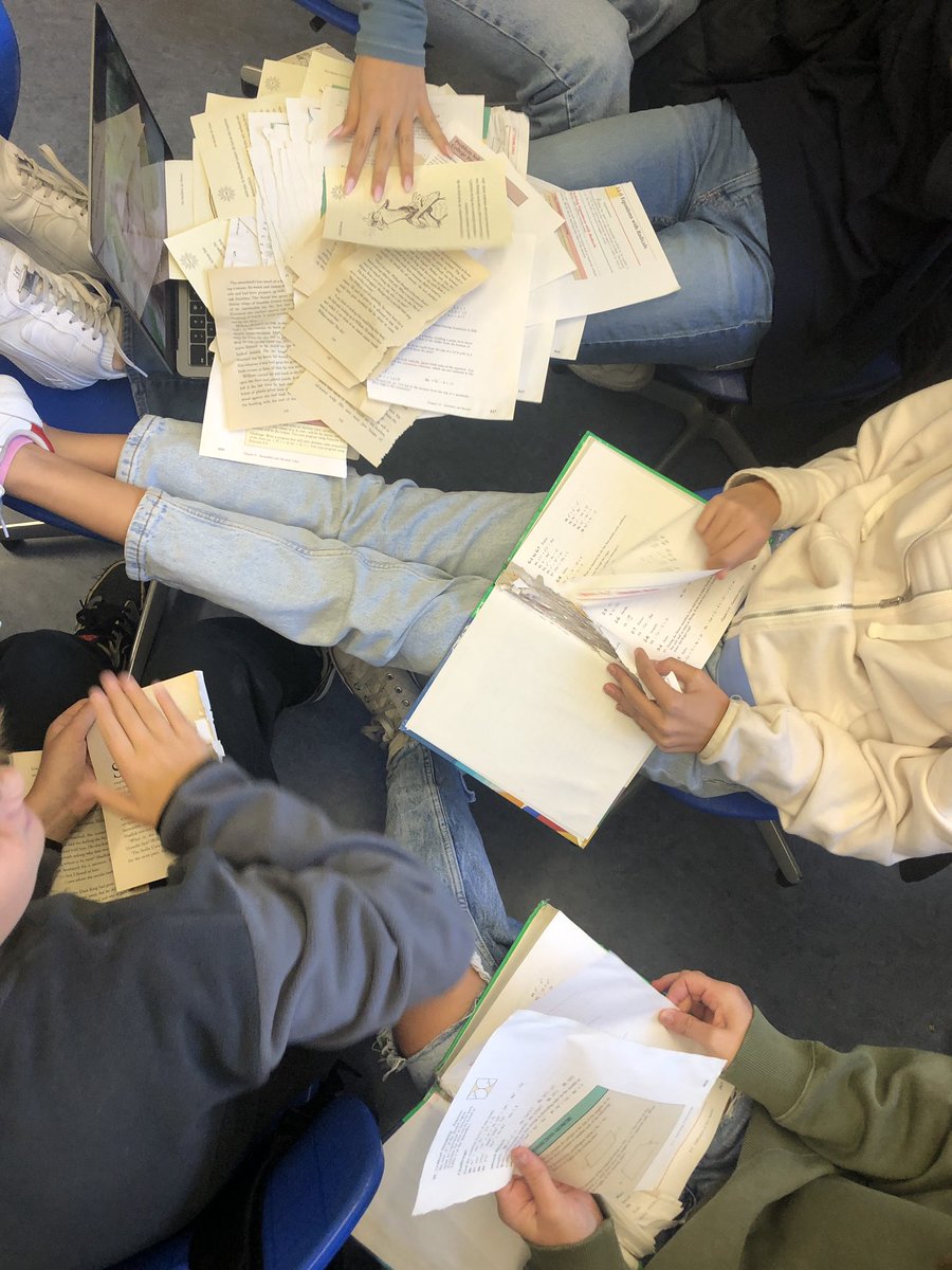 Grade 8s had a fun class today - learning how to thread a sewing machine, gathering materials that were headed for the bin (old algebra textbooks which they were thrilled to rip apart), &amp; starting the first steps in making #upcycled fashion items for our Trashion Show in December