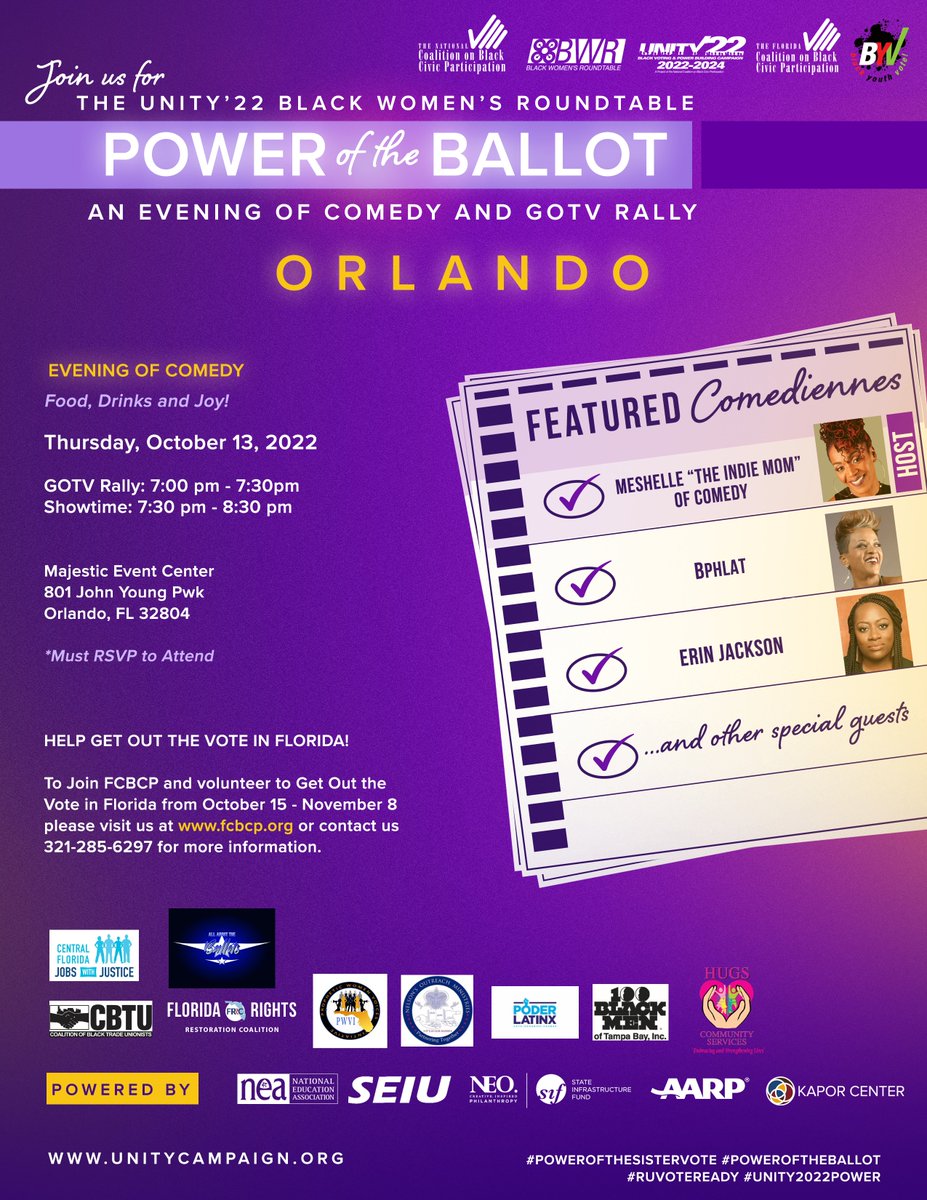 NCBCP's tweet photo. Orlando... We're coming! Join us for the Orlando stop of the Unity' 22 BWR #PowerofTheBallot Comedy Tour! You won't want to miss this evening of comedy and opportunity to get out the vote in Florida! You must RSVP to attend at https://t.co/sduc9zjzij. #Unity2022Power https://t.co/OHBHhNmuMS