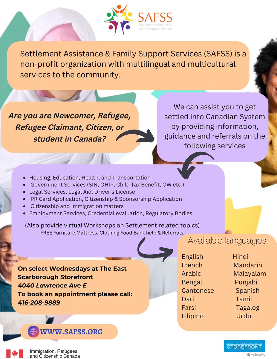 StorefrontKGO's tweet photo. New to Canada? Need help getting settled? Book an appointment with Settlement Assistance & Family Support Services to speak with an expert! They're onsite at East Scarborough Storefront on select Wednesdays. Call 416-208-9889 for info! #StorefrontKGO, #EastScarborough, #SAFSS https://t.co/XcM6nKYDgE