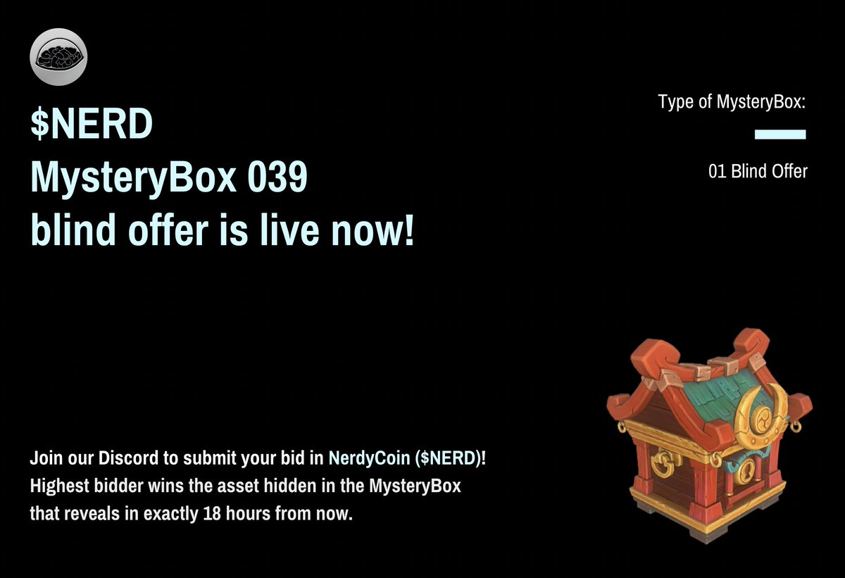 🎁 $NERD MysteryBox 039: blind offer is open now! 🎁

NFT Asset that is hidden inside the box &amp; there are 18 hours left to submit your blind bid. 🧠

To submit your bid, join our Discord &amp; follow the steps:
discord.gg/3sqrapuG5q

#NerdyCoin #R2E #NerdyApeHub
<a href="/ApeNerdy/">Nerdy Ape Hub {🧠}</a>