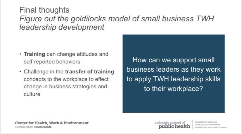 Just presented on @CHWENews Small+Safe+Well TWH organizational change intervention study at the #TWHSymposium Crux of what we learned… HOW do you make TWH happen in the real world…