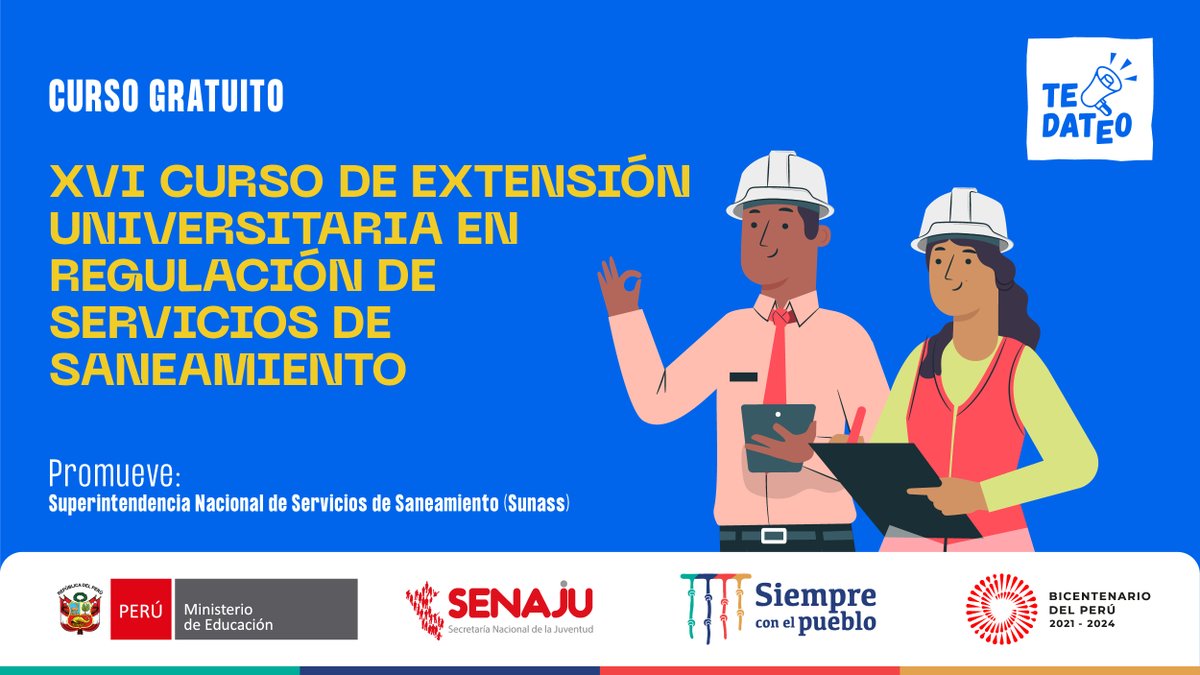 🧏🏽‍♀️¿Eres estudiante o egresado de las carreras de #Derecho, #Economía e #Ingeniería?

📢 #TeDateo que la <a href="/sunassperu/">Sunass</a> ofrece 60 #becas para especializarte en la organización, regulación y supervisión de servicios de saneamiento.  

👉Postula aquí: bit.ly/3ykGTrA