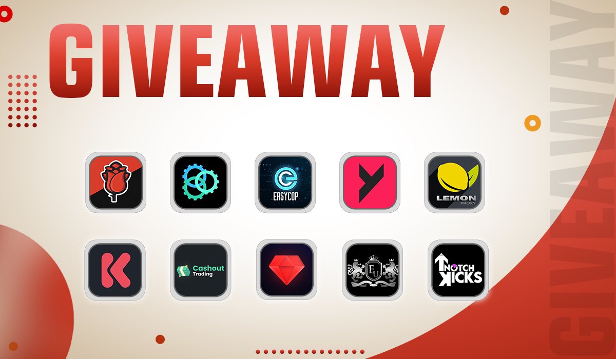 GIVEAWAY🎉 @ScarletProxies 1x2gb Resi @BoroInc 2xSpots Boro VIP3.0 @EasyCopBots 1xBot @kitchenclubio 3xMonthly @Ruby_Retail 2xRenewal @LEMONPROXY2020 3x1gb Resi @CashoutTrading 1xMembership @EIiteUnited 1xRenewal @topnotchkicks & @MonitorsYeet 1xMonthly Follow ALL 💖+♻️ TAG 1