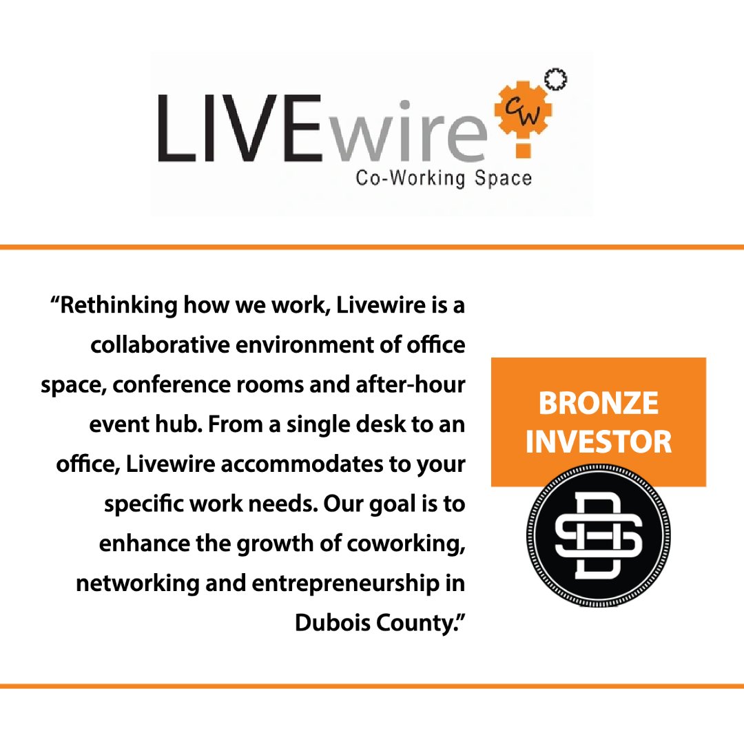 Dubois Strong is proud to announce <a href="/Livewire/">LiveWire</a> Coworking as our newest BRONZE Investor. Thank you, for your help in shaping the future of our community! Learn more about Livewire in the link: 
livewirecw.com
. . .
#duboisstrong #duboiscountyindiana #coworking #collaborate