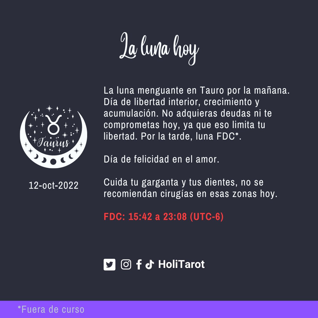HoliTarot's tweet photo. La luna menguante pasa sus últimas horas en Tauro. Por la tarde sale de curso y se dirige a Géminis, donde entrará a las 11:09 p. m. (UTC-6). No adquieras deudas ni compromisos hoy...
#Luna #Moon #Lua #Luno #MoonInTaurus #LuaEmTouro #LunaEnTauro #LunoEnTaŭro #MoonVOC #LunaFDC https://t.co/9ltuowNcA9