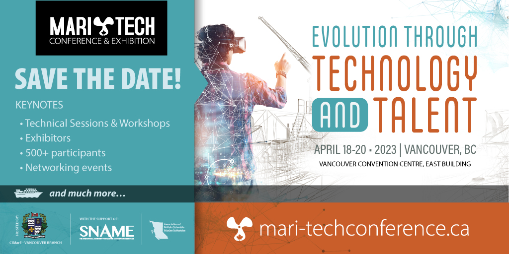 Mari-Tech 2023 is heading to Vancouver, BC from April 18-20, 2023 and we can't wait to see you there!

For more information, go to:
mari-techconference.ca

#MT2023
#MariTechConf