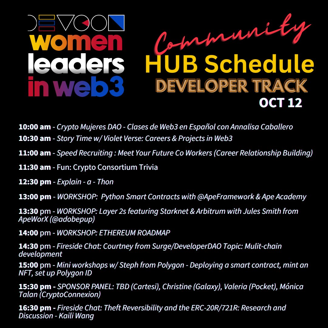 📍<a href="/EFDevcon/">Ethereum Devcon</a> 
Día 2: Developer Track en #DevconWomenLeaders community hub - Ground floor 🎉

Un shotout a nuestras amigas <a href="/0ceans404/">Steph</a> , @melwritesmiami y Keri @ETHSnakeCharmer por organizar y preparar esta super agenda de hoy: