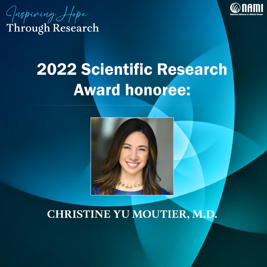 We are thrilled to honor <a href="/cmoutierMD/">Christine Yu Moutier MD</a>, <a href="/afspnational/">American Foundation for Suicide Prevention</a> Chief Medical Officer, with the NAMI 2022 Scientific Research Award! Her tireless work in the mental health field deserves to be highlighted and celebrated.

bit.ly/3D0Rcnv