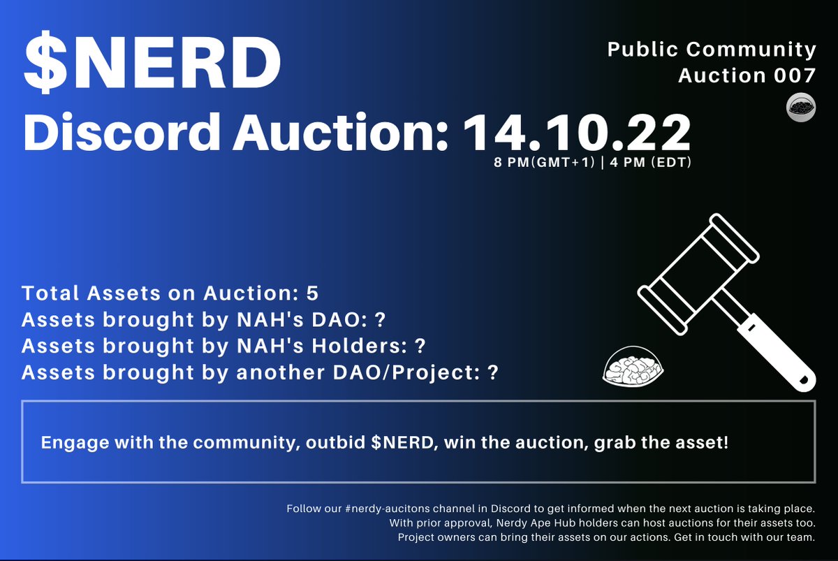 🛸 $NERD Discord Auction: 
13.10.22 | 8PM (GMT +1) 🛸

Get your $NERD ready.

⚓️-- asset/s brought by our DAO
⚓️-- asset/s brought by our Holders
⚓️-- asset/s brought by another DAO/Project

More info &amp; updates: discord.gg/3sqrapuG5q

#NerdyApeHub #R2E #NerdyCoin🪙
<a href="/ApeNerdy/">Nerdy Ape Hub {🧠}</a> 🧠