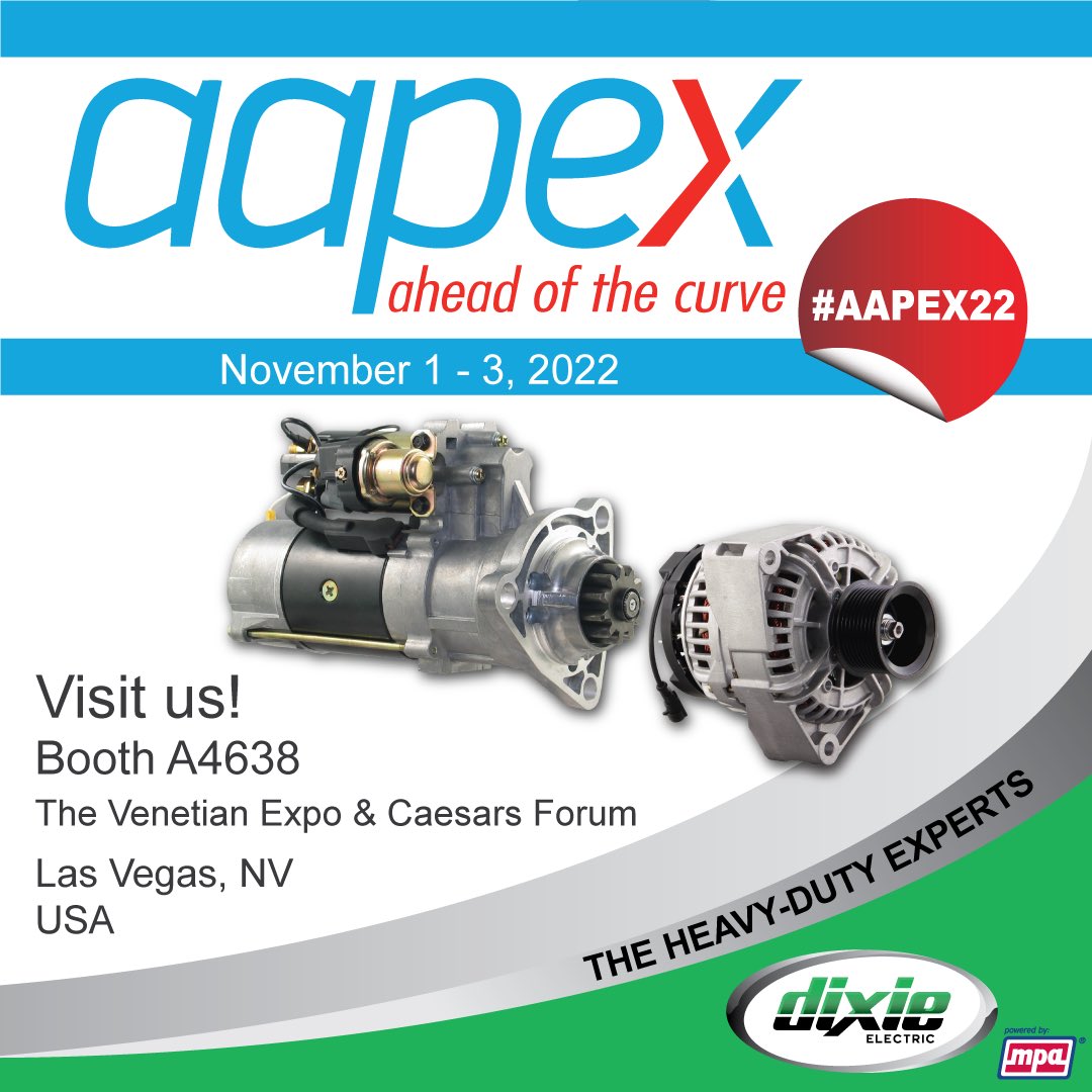 Let’s talk about #HeavyDuty #Alternators and #Starters 
Come visit us at #aapex22 
Booth A4638
November 1-3. 
The Vanetian Expo - Las Vegas, NV
@AAPEXShow @MPAtweets