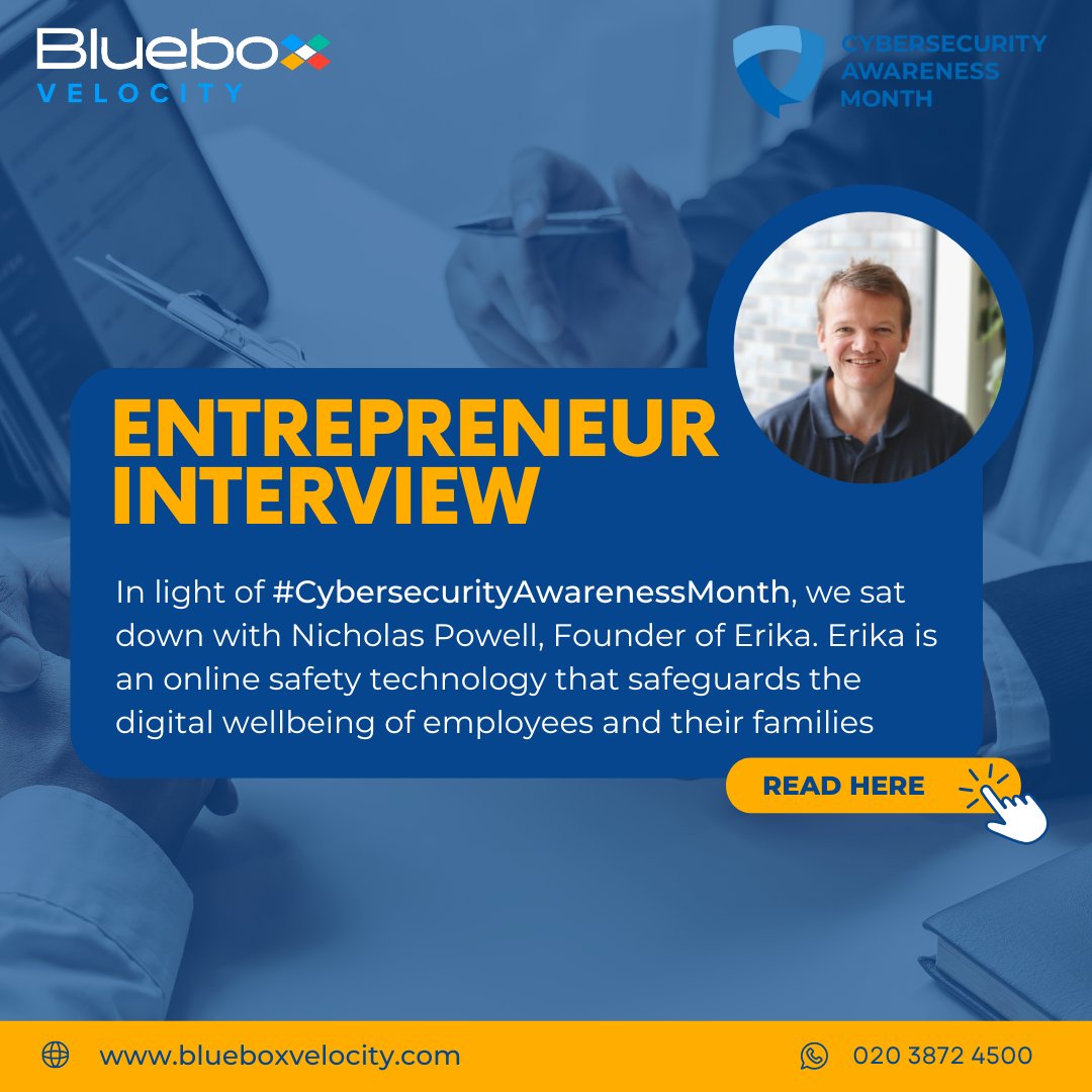 BlueboxVelocity's tweet photo. 🚨 For Cybersecurity Awareness Month, we had the pleasure of interviewing cybersecurity expert @nicholaspowel, founder of Erika. 

👉 Check out the interview here: https://t.co/jlFaR21jwz

#Cybersecmonth #cybersecurity #knowthethreats #entrepreneurinterview https://t.co/Xjuq1dHKsd