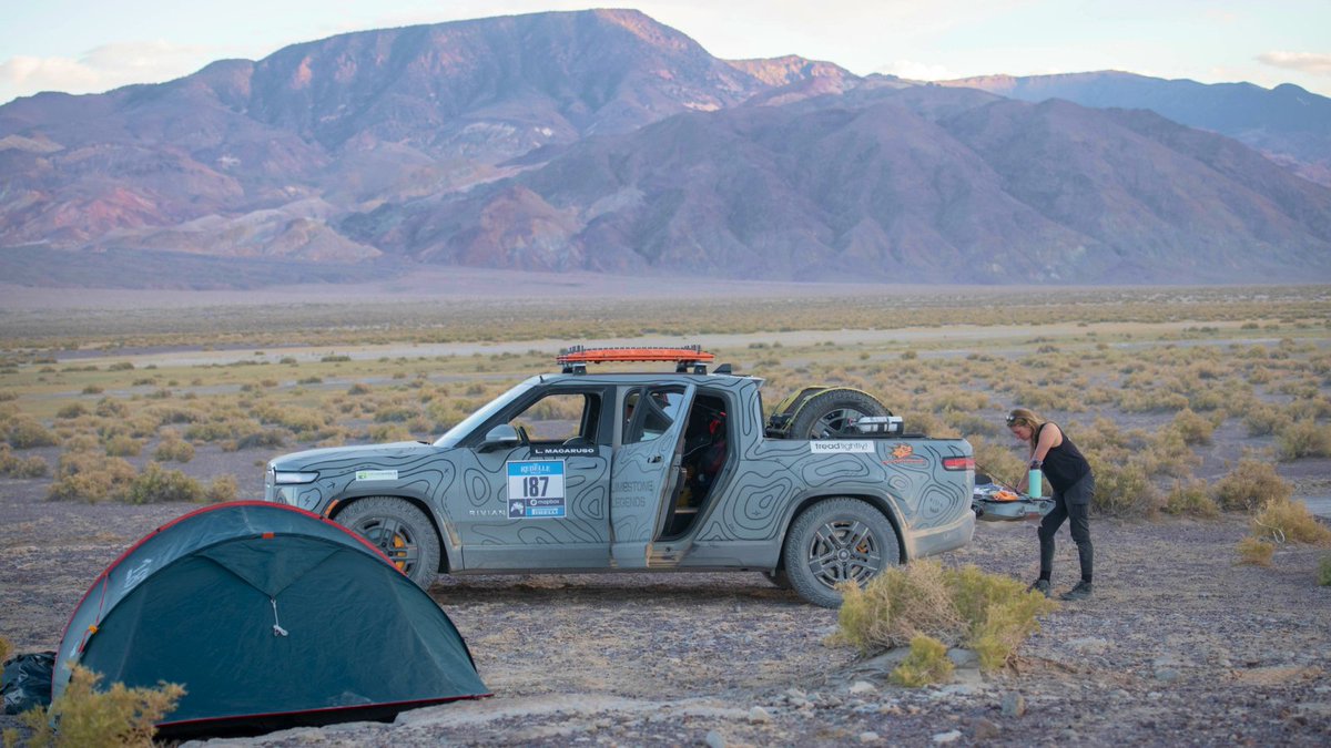 Rivian's tweet photo. The Limestone Legends won Stage 4 at the Rebelle Rally, bumping them to a current 4th overall and the highest-ranking rookie team. The Yellow Yetis had a strong day also, climbing several places to reach 17th. Follow the link to ride with us. https://t.co/WGLVtwLEVU https://t.co/5m5ycQnE50