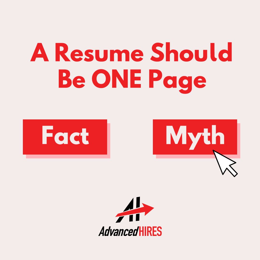 AdvancedHires's tweet photo. You might have heard that resumes need to be one page only, but that's not realistic in most cases. You shouldn't shorten your resume to squish it on one page - include the relevant info! 

#jobsearching #jobhunt #resumetips #greatresume https://t.co/jU0OxACabq