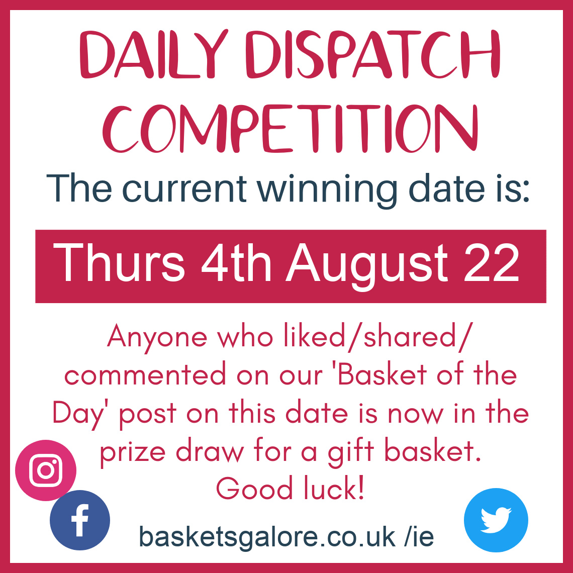 BasketsGalore's tweet photo. Our latest winning dates, for August & September. Good luck to eveyone who interacted on these dates! π€ #pickusawinner #competitiondraw https://t.co/lZTcnAowj0