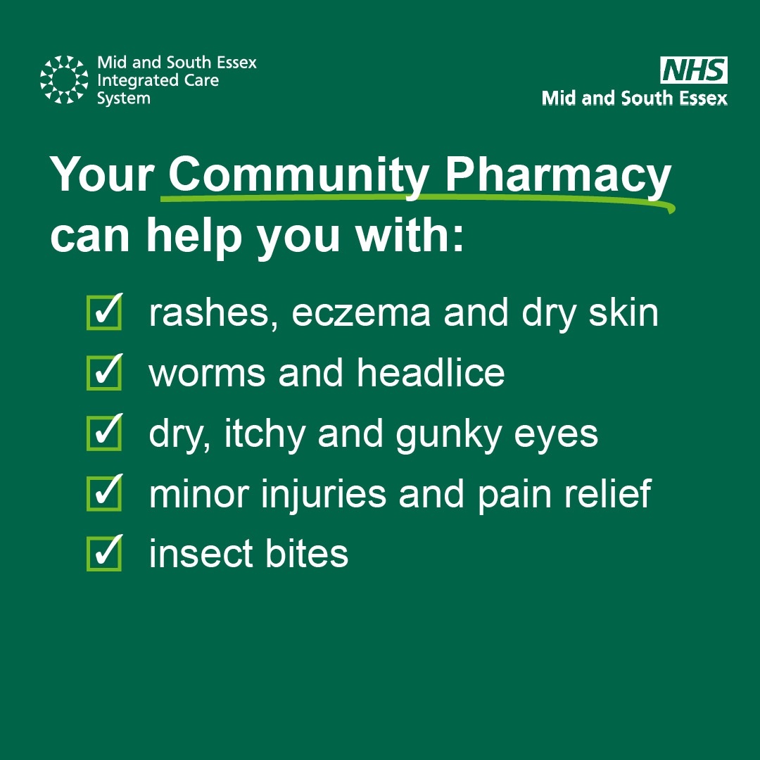 Your local pharmacy can help you with lots of common medical needs such as:

- treating rashes, eczema and dry skin
- worms and headlice
- dry itchy and gunky eyes
- minor injuries and pain relief
- insect bites

For more on how pharmacies can help you: orlo.uk/o1Vaz