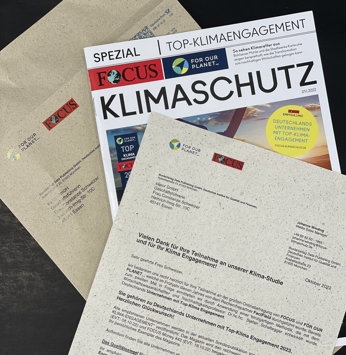 Danke @ FOCUS Magazin und  @ FOR OUR PLANET_ I BurdaVerlag für die zweite Auszeichnung für TOP KLIMA ENGAGEMENT 2023 mit nur 129 weiteren Unternehmen!
#greenwashroomforfuture #zerowaste #circulareconomy #solidsoap #engagement #sustainability #klimaneutral  #Klimaschutz