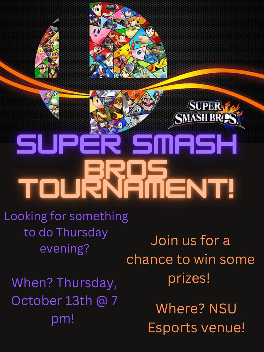 Join us on October 13th for our Super Smash Bros tournament at 7 pm! We can’t wait to see everyone there! 😈
#nsula #nsuesports #gaming #SmashBrosUltimate