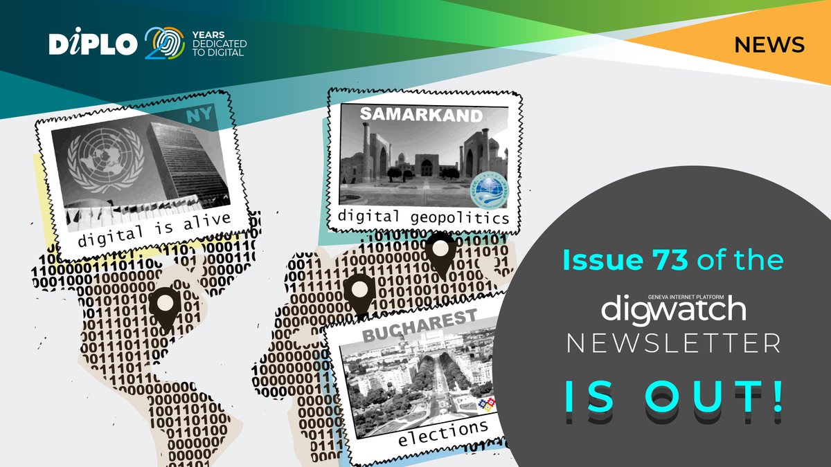 DigWatchWorld's tweet image. Issue 73 of the Digital Watch Newsletter is out! 
👉 dig.watch/newsletter/dig…

🔹An eventful September: discussions at the SCO Summit, UNGA 77 and ITU Plenipot
🔹UNGA77: Digital is alive!
🔹Join us for Digital Cooperation Day!

#UNGA77 #DigitalCooperation #SCOSummit2022 #Plenipot