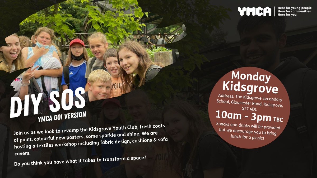 ymcans's tweet photo. YMCA Go! Gives Back in Kidsgrove!

Join us on October half-term Monday as we renovate our youth club space. We will also be completing a fundraising challenge for the YMCA Christmas Appeal

If young people require transport, please email gobookings@ymcans.org.uk  

#YMCA #YMCAGO! https://t.co/WBIb2gsrGI