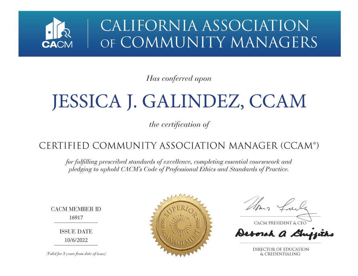 CACMchat's tweet photo. Our biggest congratulations to Jessica J. Galindez, CCAM on recently achieving the CCAM, a state-recognized certification as a community manager! Way to go Jessica!
#CCAM #CaliforniaCertified #HOA #communitymanagement #professionalmanager https://t.co/fVAOgDeART