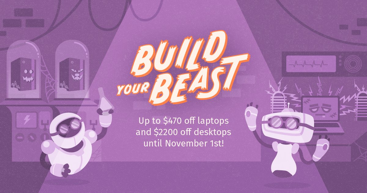 system76's tweet photo. Spooky season is upon us; it’s time to Build Your Beast! Upgrade your beast to increase your savings—through November 1st. https://t.co/AdIQUeAmp0

#system76 #BuildYourBeast #Sale #upgrade #save #spookyseason #spooky #savings #robots #laptops #desktops https://t.co/haYr1lD4Tn
