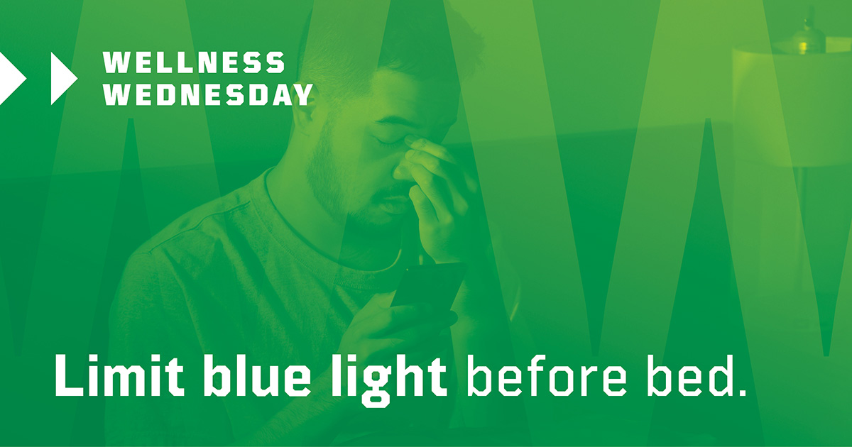 The blue light emitted by your tech devices may be the cause of those restless nights. Put your phone or laptop away at least an hour before bed to set yourself up for a good night of sleep. #WellnessWednesday