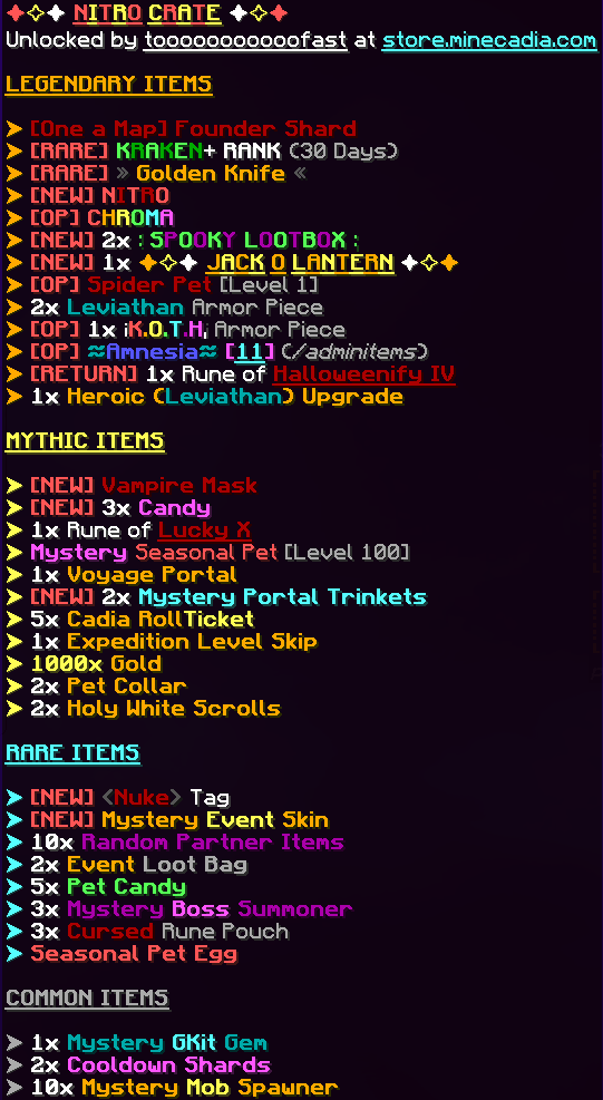 PlayMinecadia's tweet photo. Minecadia's most innovative crate, the Nitro Crate, has officially released on the server store!

In celebration, we'll be giving away the following: 
🚀 1x NITRO CRATE
🚀 2x NITRO CRATE
🚀 3,500x Gold

Follow us, Retweet, and Like to enter! ❤️ https://t.co/WlDLGgbt9k