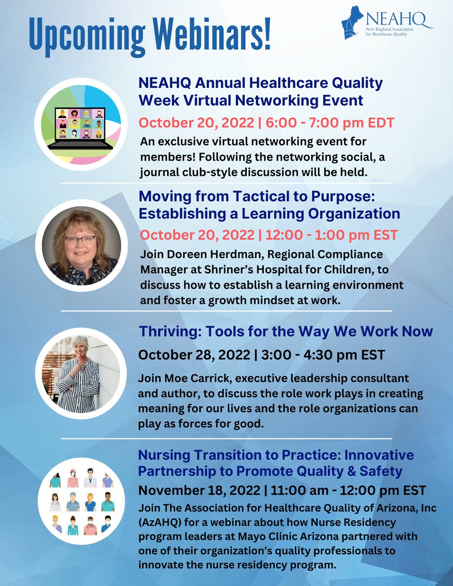 NEAHQ1975's tweet photo. Don't miss out on the following events free for NEAHQ members and participating Healthcare Quality Collective association members. Webinar details and registration links are available on our events calendar: https://t.co/5fFyrNEwmK
Register for a session today! https://t.co/kJJRdxedqG