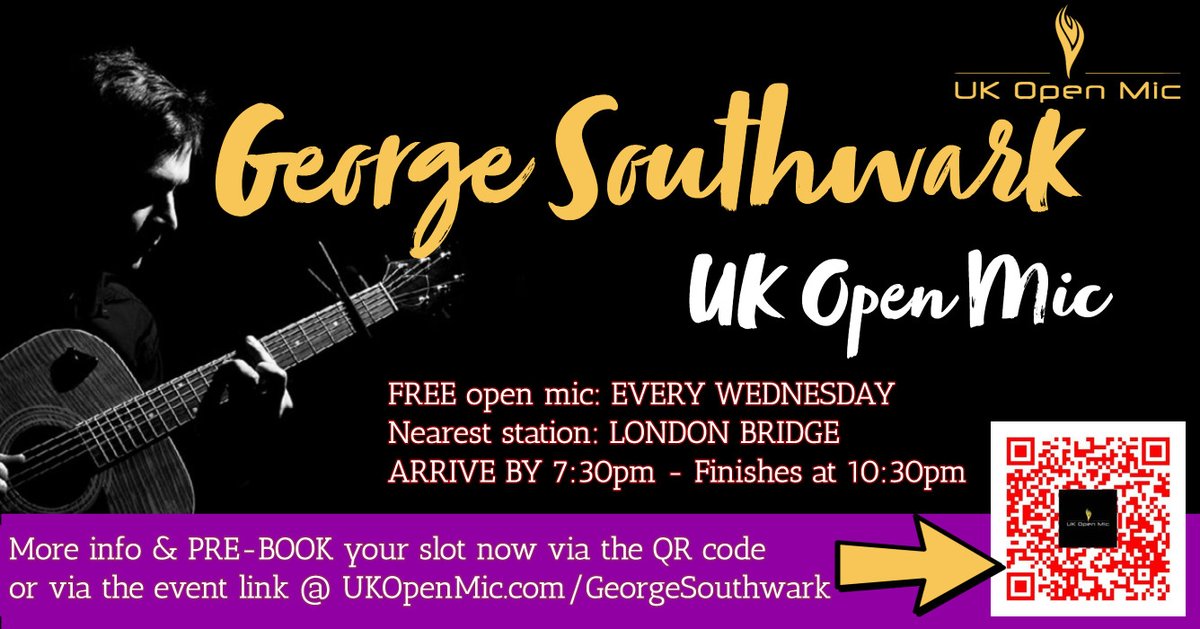 Let's stir up some fun time together at the George Southwark Wednesday's Open mic night starting this week!! 

Want to play for free? Grab a slot here: UKopenmic.com/GeorgeSouthwark! Arrive by 𝟳:𝟮𝟬PM to guarantee your slot. Music from 𝟳:𝟯𝟬 Pm. See you there!

#Openmic #Southwark