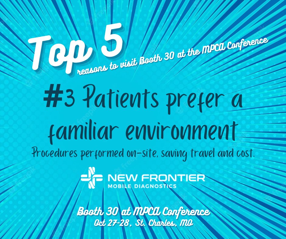 NewFrontierMD's tweet photo. Top 5 Reasons to visit NFMD in Booth 30 at the MPCA Annual Conference - #3 Patients prefer a familiar environment for care, increasing adherence with imaging orders...

For more information, visit: https://t.co/vtfwx0rZPN https://t.co/rpFAsZMPV4