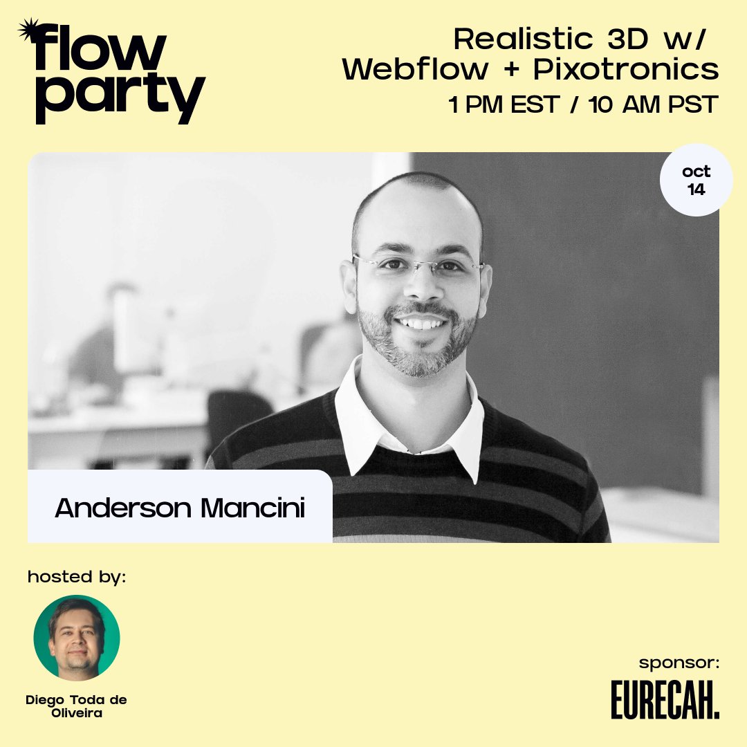 *flow party (@joinflowparty) on Twitter photo 2022-10-12 16:06:39 Join us this Friday where we’ll be diving into 3D with special guest @Andersonmancini of @pixotronics and guest host @dieg0liv. They’ll be showing us how to create realistic 3D effects for Webflow builds in just a few steps! RSVP here → fpty.cc/no-33 Join us this Friday where we’ll be diving into 3D with special guest @Andersonmancini of @pixotronics and guest host @dieg0liv. They’ll be showing us how to create realistic 3D effects for Webflow builds in just a few steps! RSVP here → fpty.cc/no-33