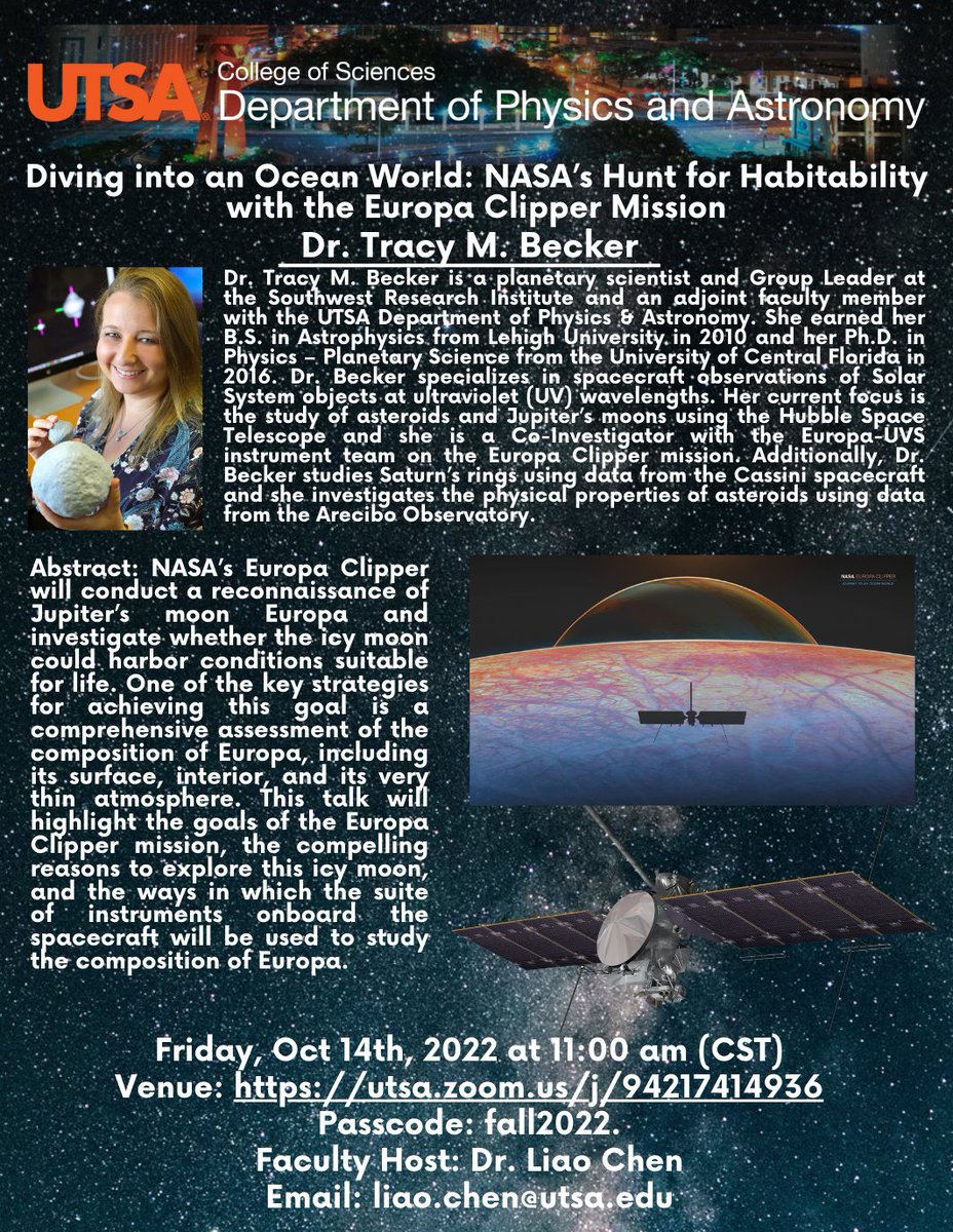 UTSA_PhyAst's tweet image. Good Morning, Students and Faculty,
Please join us for this week&apos;s seminar as we welcome Dr. Tracy M. Becker on Friday, October 14th at 11:00 am.
To join the seminar, follow this link:
 utsa.zoom.us/j/94217414936