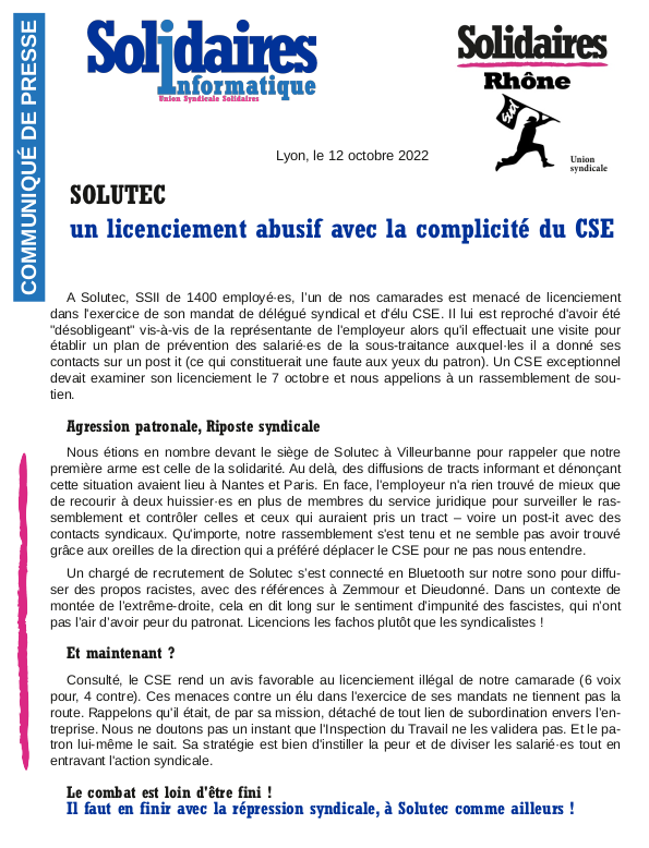 SolidairesRhone's tweet photo. #Solutec : un licenciement abusif avec la complicité du CSE
@SI_Rhone @SolInfoNat 
#repressionsyndicaliste
#virepourunpostit
https://t.co/hYTeKoXWWv https://t.co/PSl3aOKTtA