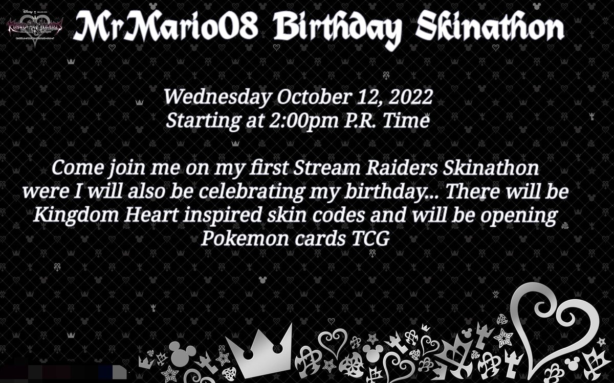 LaBebaGamer's tweet photo. Vengan a celebrar el cumpleaños de @MrMario008 que es hoy su primer Skinathon de Stream Raiders, se regalaran skins de Kingdom Hearts y se abriran cartas de Pokemón TCD
#StreamRaiders #Giveaways #birthdaywishes #twitchstreamer #twitch #Pokemon #PokemonTCG 
https://t.co/dQtxNxWQTS https://t.co/UxHoPIgsOd