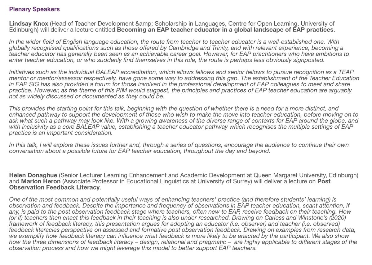 Join us in a month on 12 Nov for our next PIM <a href="/sheffieldeltc/">English Language Teaching Centre, Sheffield Uni</a> where we’ll be discussing the transition “From EAP Teacher to EAP Educator”

We’re excited to announce our plenary speakers: Lindsay Knox &amp; Helen Donaghue!

Book your place here baleap.org/event/baleap-p… 

#SheffieldPIM