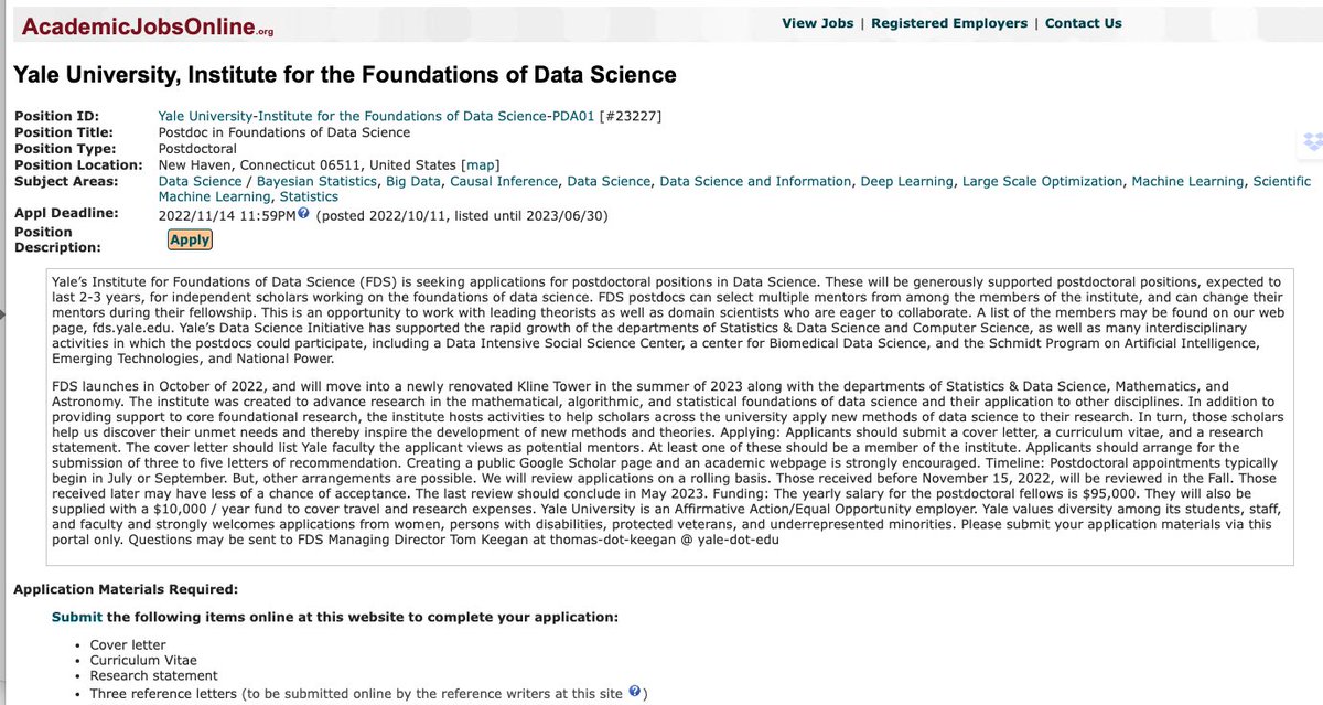 🚨Postdoc opportunity🚨 For data scientists across domains - there is an amazing opportunity at @Yale’s newest interdisciplinary Institute for the Foundations of Data Science @yaledatascience. Opportunity to work in a great environment with amazing mentors academicjobsonline.org/ajo/jobs/23227