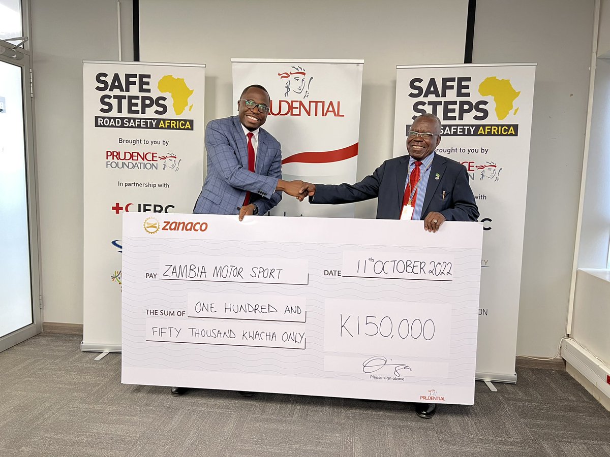 Prudentialzm's tweet image. Prudential Life Assurance MD Kachiza Kwenda, on behalf of the Prudence Foundation, presenting a K150,000.00 cheque to Zambia Motor Sport Association President, as part of the foundation&apos;s Road Safety Campaign, for the Sarago 2022 International Rally on the 21st of Oct,2022 #WeDO